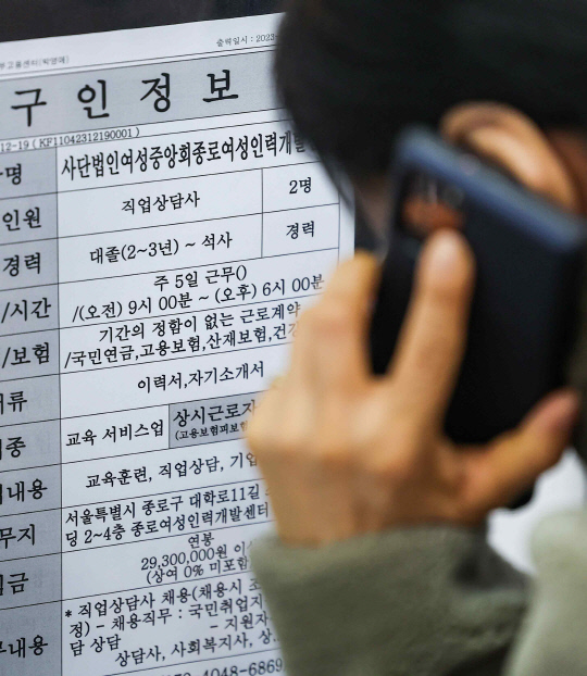 서울 마포구 서울고용복지플러스센터에 게시된 일자리 정보지에 근무시간이 표시돼 있다. [연합뉴스]